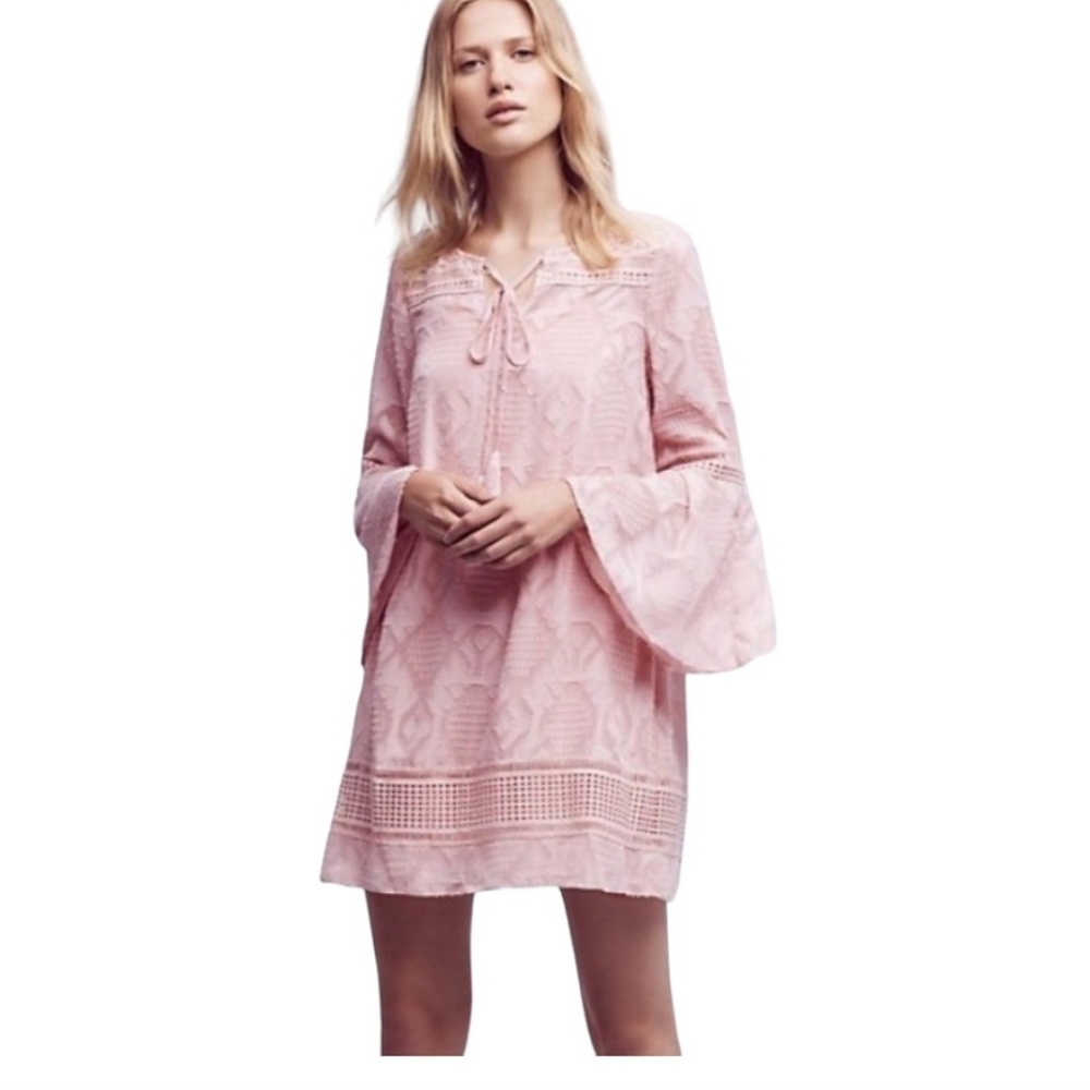 LOFT Outlet Dusty Pink Textured Bell Sleve Tie Neck Mini Dress Size SP